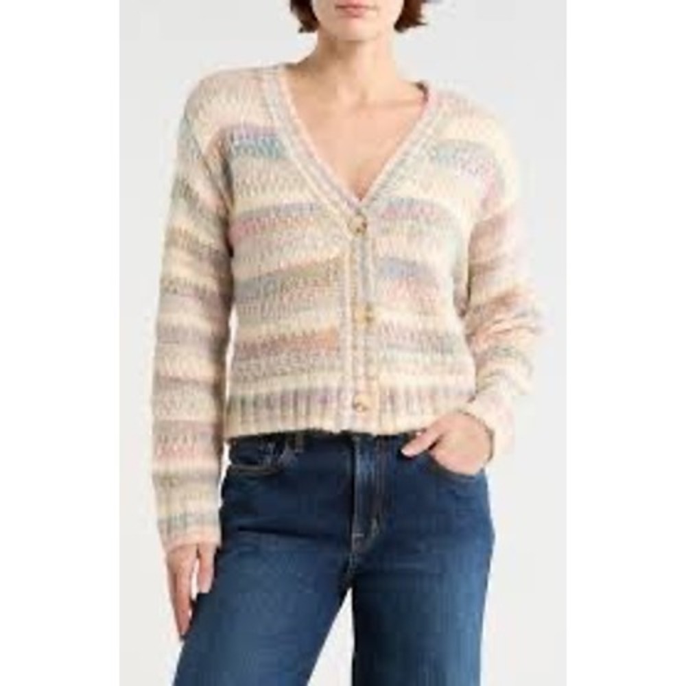 Lush Pastel Striped Knit V-Neck Cardigan Neu Multi LT24858-003 Size L